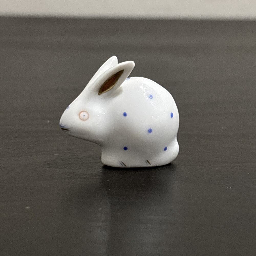 Vintage Mini Herend Polka Dot Bunny Rabbit Blue Dots 24K Gold Figurine #5339